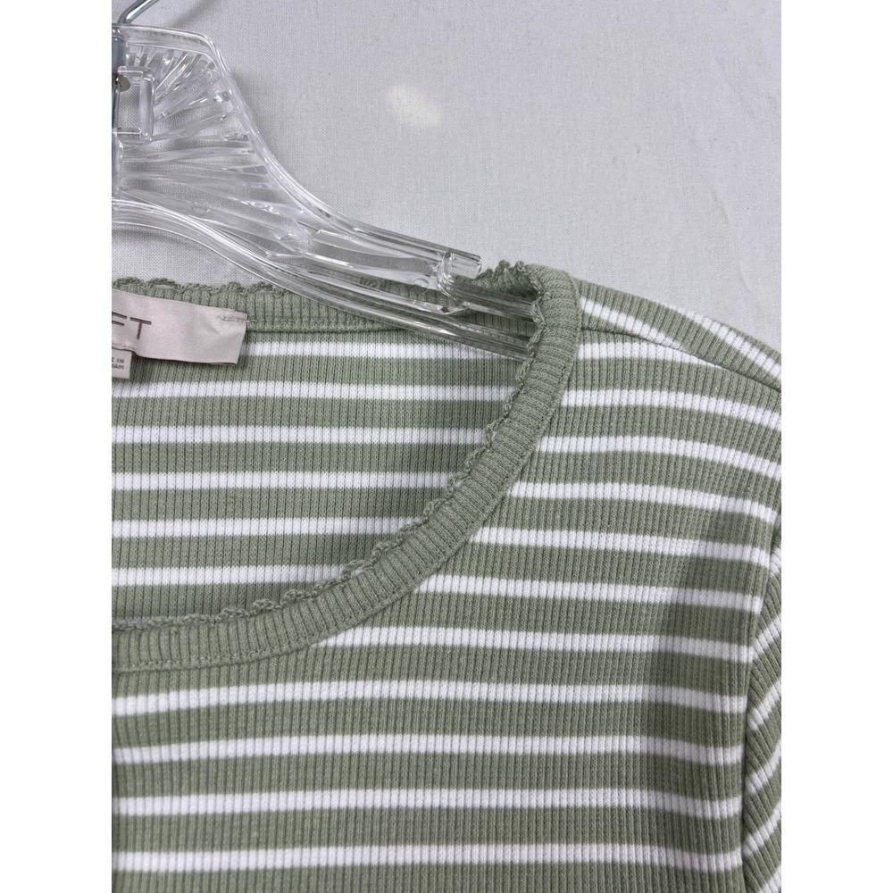 LOFT Cardigan Womens Medium Green White Striped Ribbed Knit Button Front Top - Picture 4 of 8